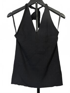 Black Ribbed Halter Top with Deep V Neck